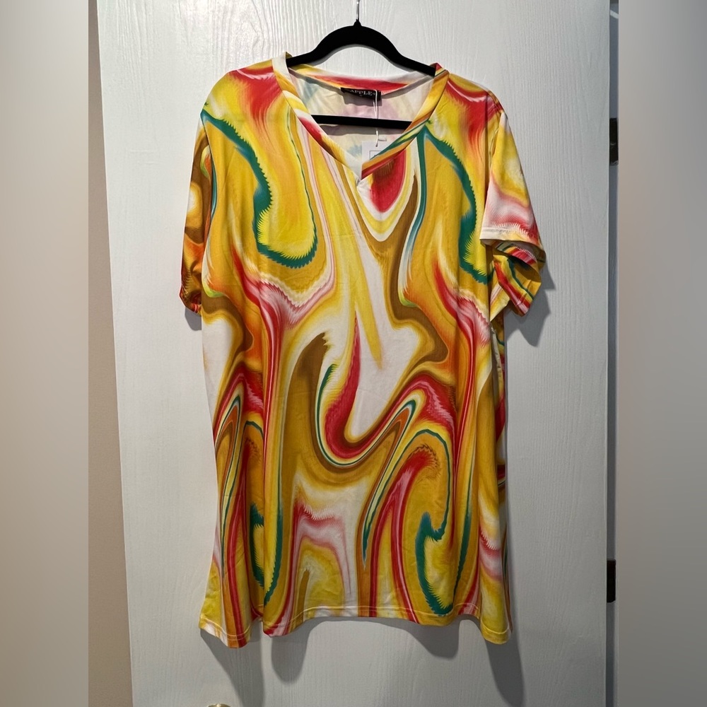 Yellow & Pink swirl V-neck high/low tunic